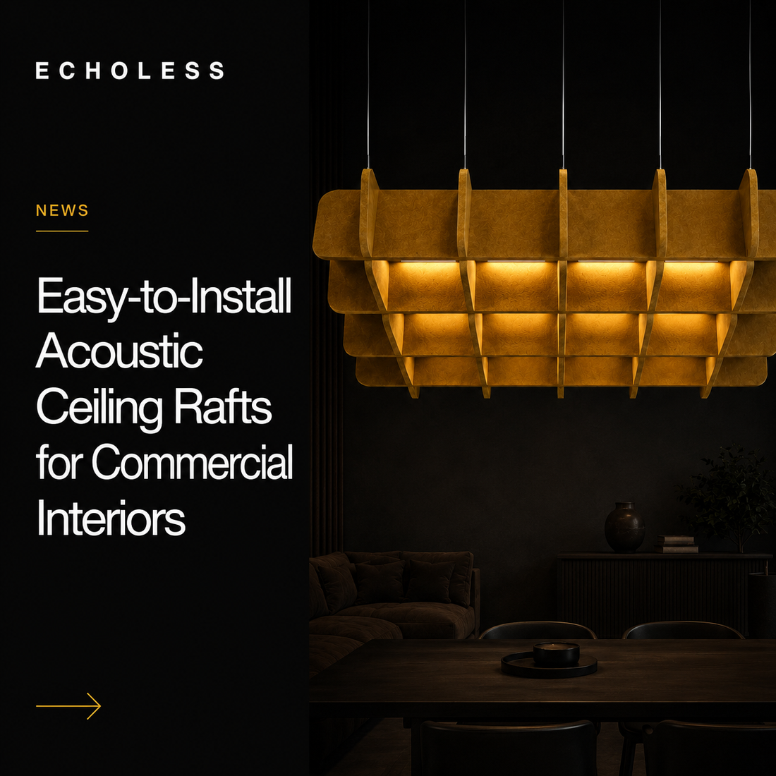 Modern interior featuring suspended green PET felt acoustic ceiling panels with integrated lighting, alongside minimalist Echoless branding and the headline “What is PET Felt? Sustainable Acoustic Solutions Explained” on a dark contemporary background.
