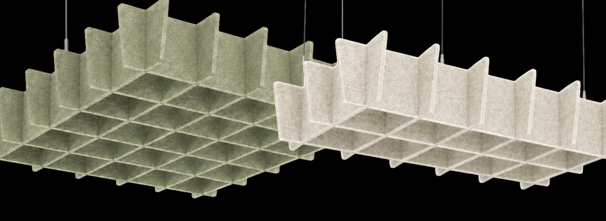 Two large rectangular acoustic ceiling panels made of textured felt, shown hanging against a black background. One panel is a muted sage green and the other is a light warm gray/beige.
