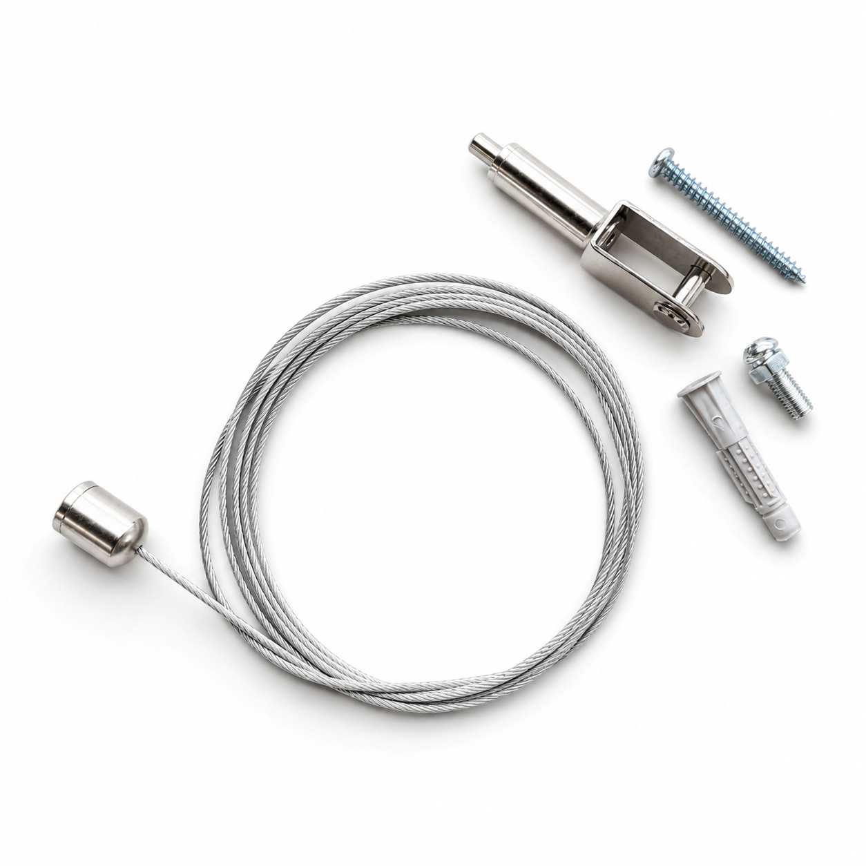 Metal cable with connectors and screws on a white background