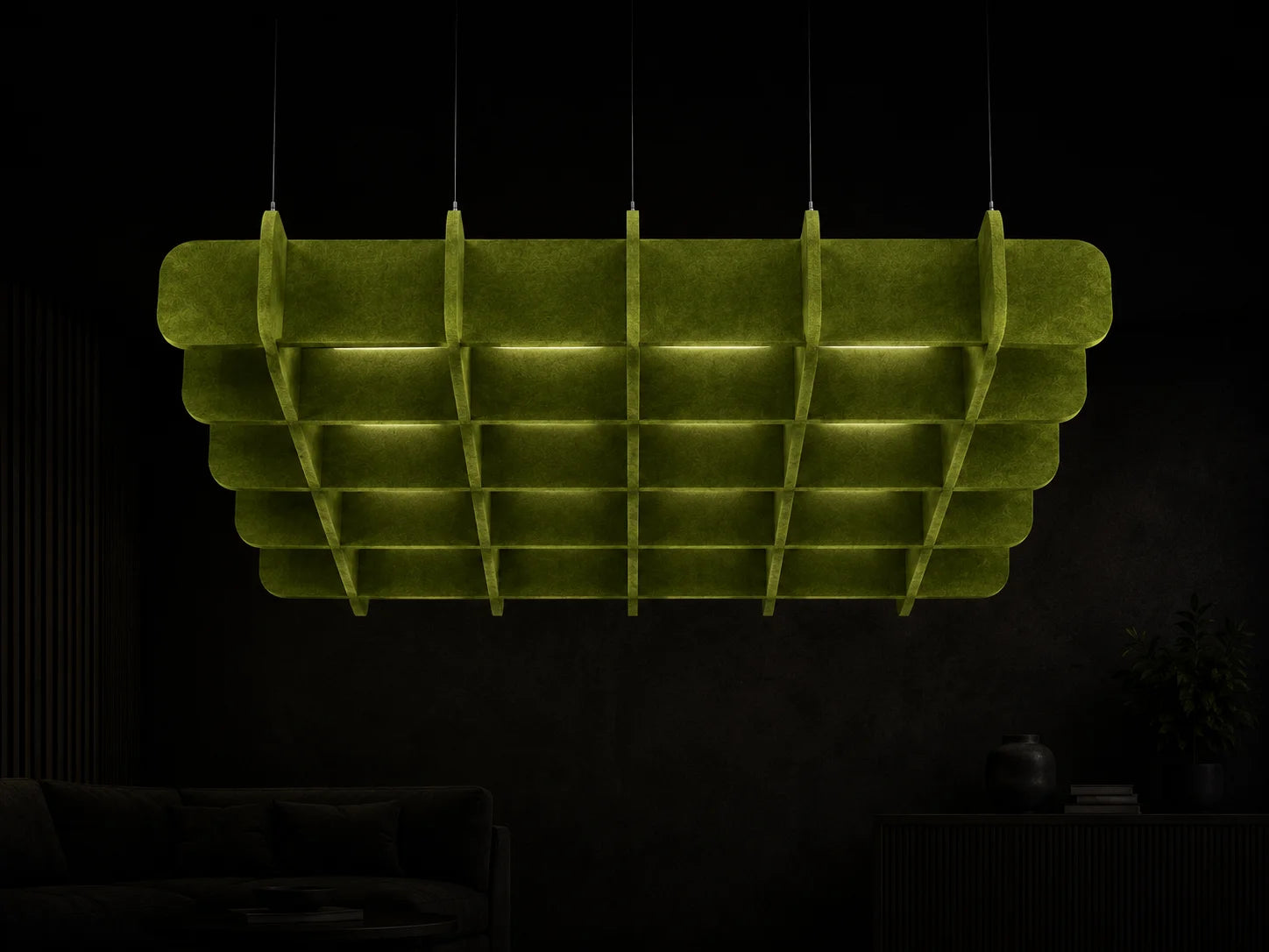 Neon green rectangular acoustic light fixture on a dark background