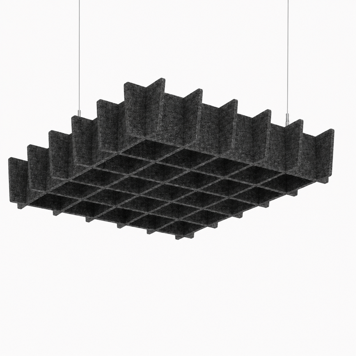 A dark gray acoustic ceiling tile with a grid of square chambers, suspended by thin cables against a plain white background.