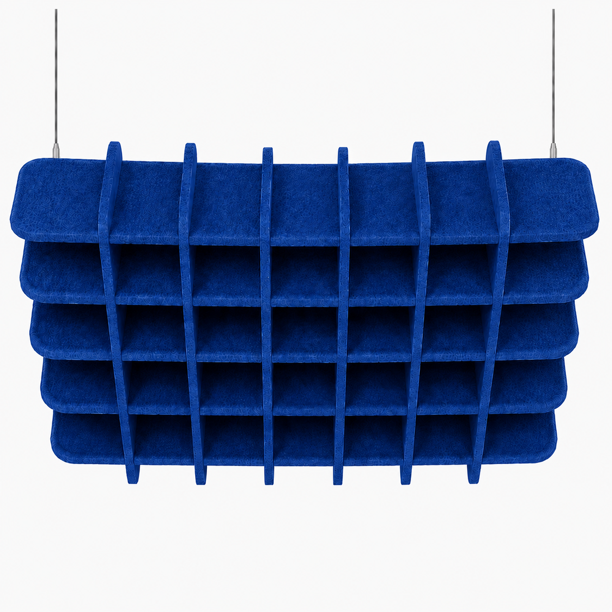 Blue grid-like acoustic felt ceiling structure on a white background