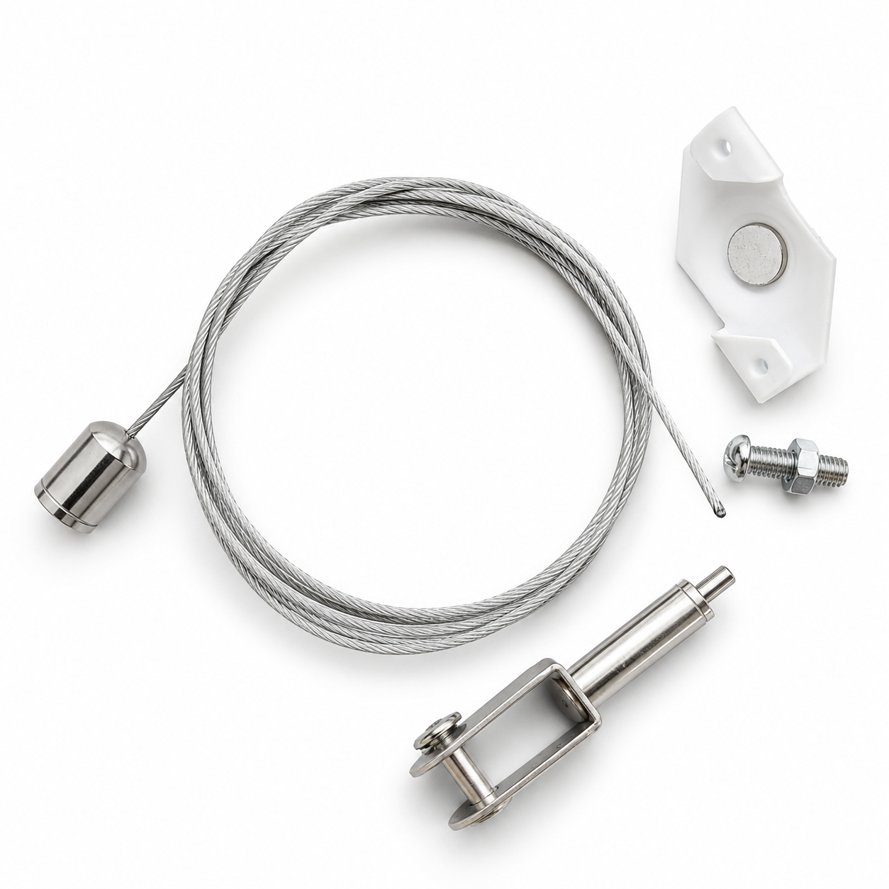 Mechanical suspension kit components including a cable, pulley system, and metal parts on a white background