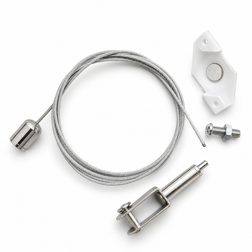 Mechanical suspension kit components including a cable, pulley system, and metal parts on a white background