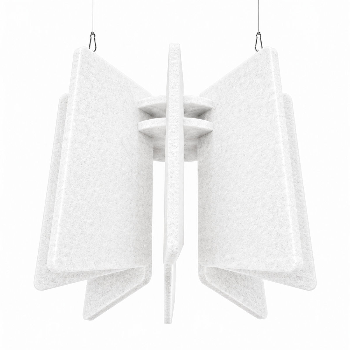 A white felt acoustic panel set suspended by thin metal wires, featuring a layered, wing-like design with a textured surface.